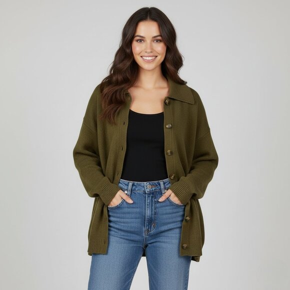 Eloquii Elements Women's Plus Size Chunky Green Button Cardigan - Picture 1 of 14